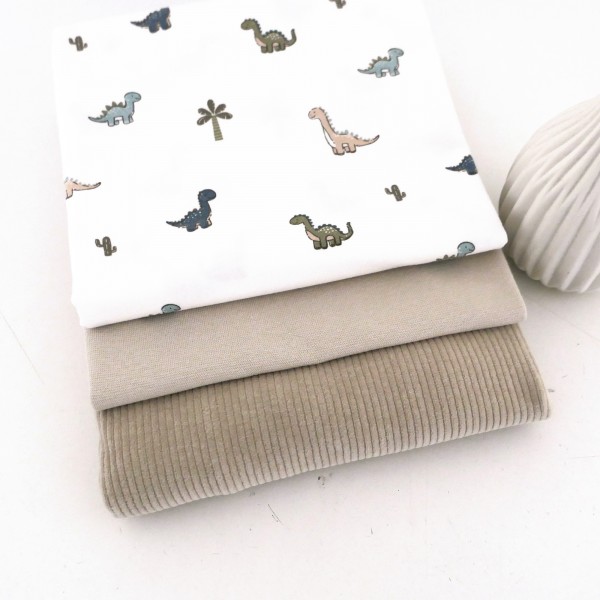 Stoffpaket Jersey Dinosaurier, Off-White, Jersey-Cord Uni Beige, Bündchen