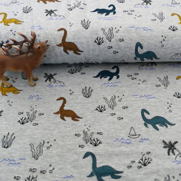 Jersey 'Dinosaurier', Hellgrau meliert, Bunt, Meterware