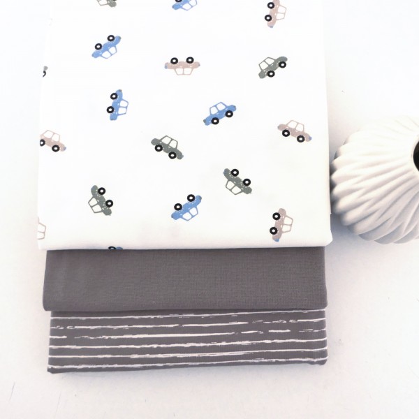 Stoffpaket Jersey, kleine Autos Off-White, Linien Taupe, Bündchen