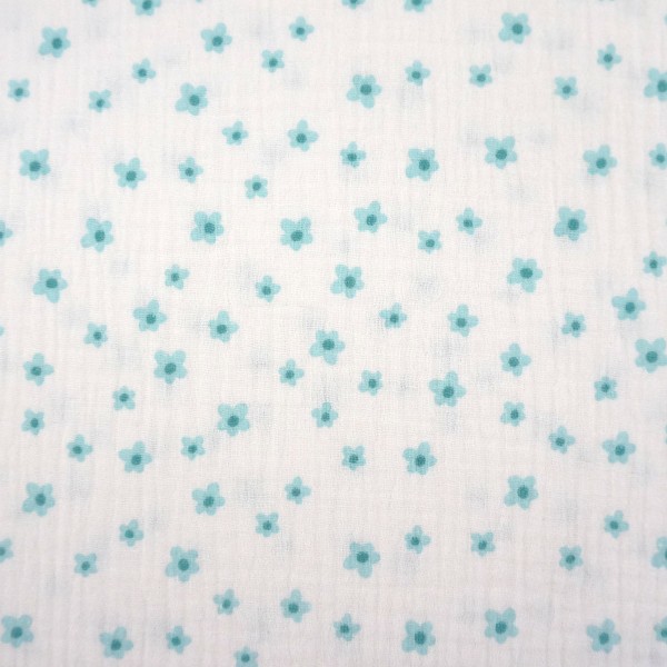 Musselin, Double Gauze, kleine Blume, Weiß/Aqua, Meterware