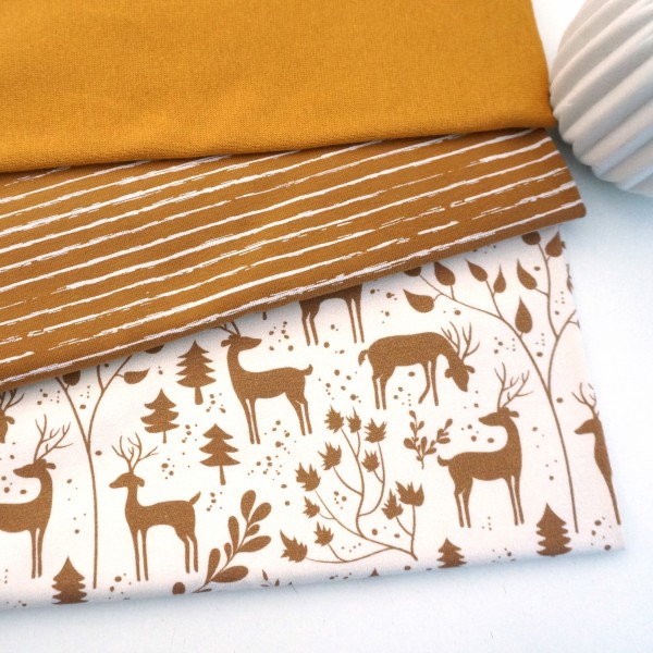 Stoffpaket Jersey, 'Miniwinter', Rotwild, Linien Ocker, Bündchen