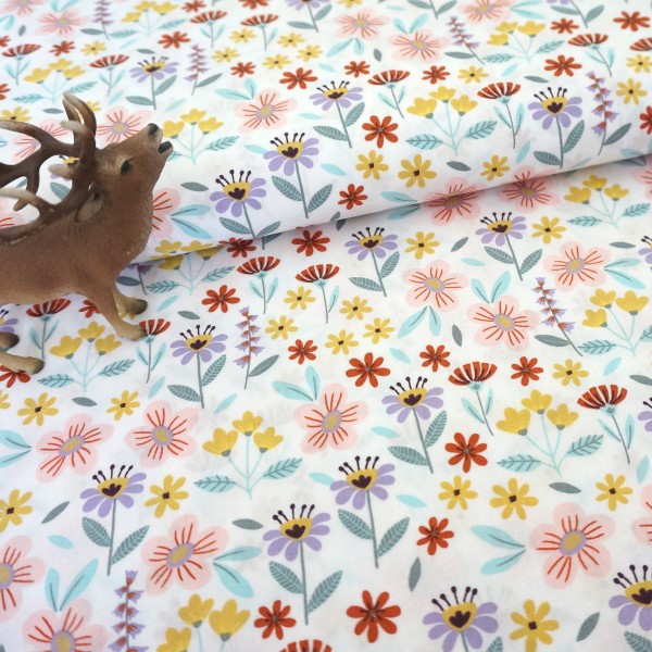 Baumwollstoff, Popelin, Sommmerwiese, Weiß, Meterware