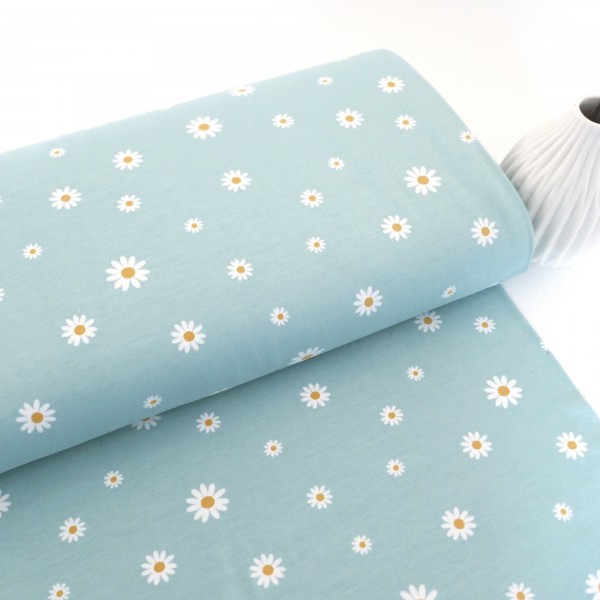 Jersey Margheritenblüten Mintblau, Weiß, Meterware