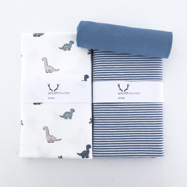 Stoffpaket Jersey, Dinosaurier Off-White, Ringel Blau, Bündchen