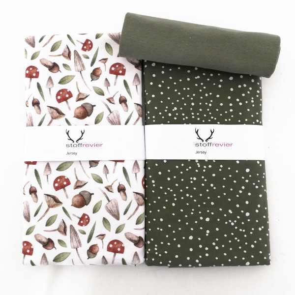 Jersey Stoffpaket, Pilze und Eicheln Weiß, Kleckse, Moos, 50cm Bündchen