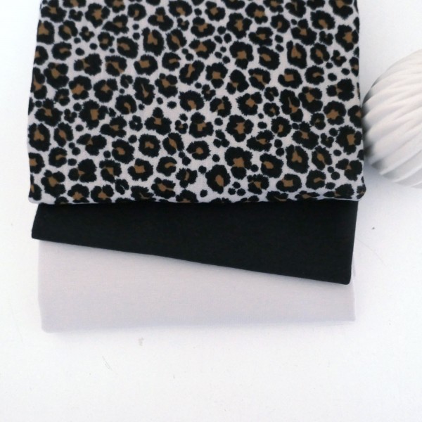 Stoffpaket Musselin, Leo Sand, Uni Jersey Sandgrau und Bündchen