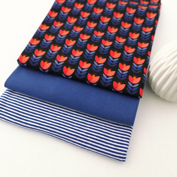Stoffpaket Jersey, Retro Tulpe, Schwarz, Ringel Royalblau, 50 cm Bündchen