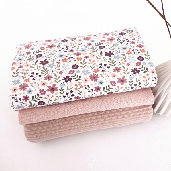 Stoffpaket Jersey Streublumen, Cordjersey Softrose und Bündchen