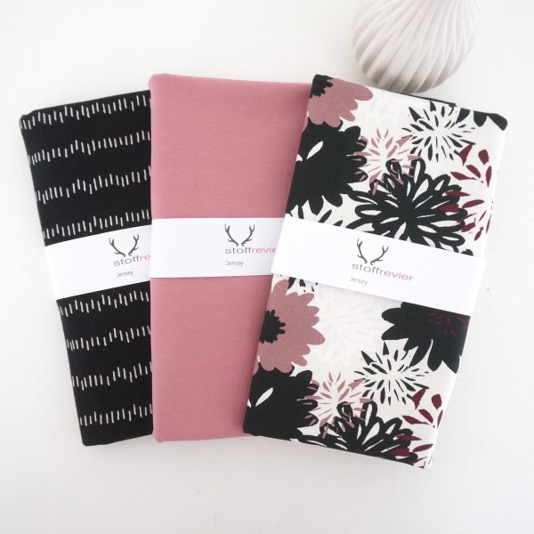 Stoffpaket Jersey, große Blüten, Altrosa, Striche Schwarz, Uni