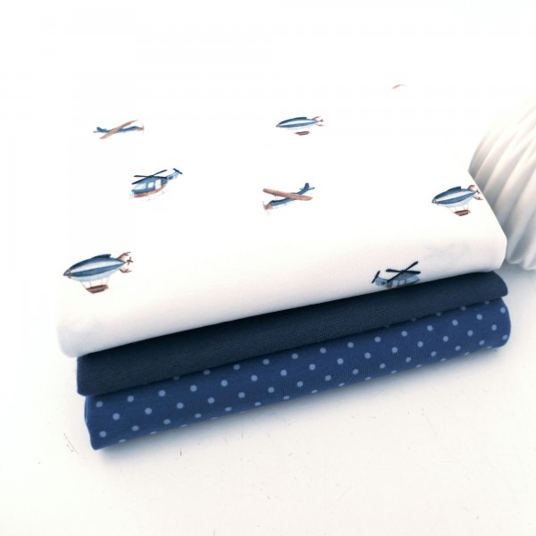 Stoffpaket Jersey Hubschrauber Water Colour, Punkte Mittelblau, 50cm Bündchen