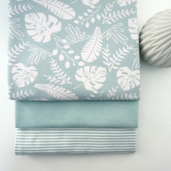 Stoffpaket Jersey, Blätter, Ringel Hellmint, 25 cm Bündchen