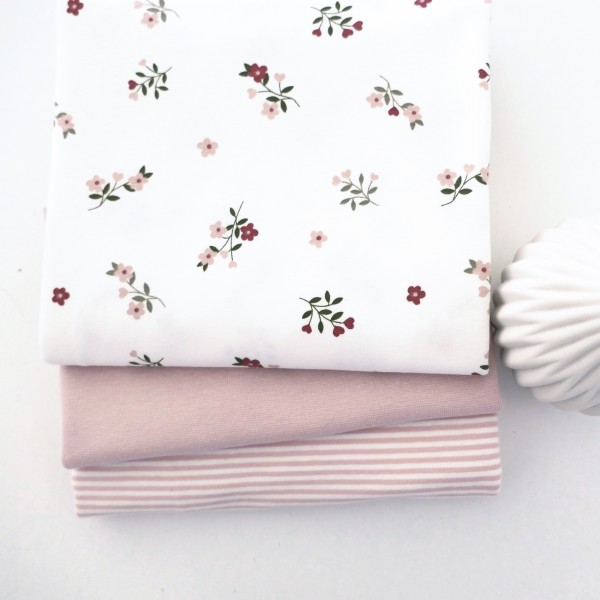 Stoffpaket Jersey, Streublumen, Ringel, 50cm Bündchen Rosé