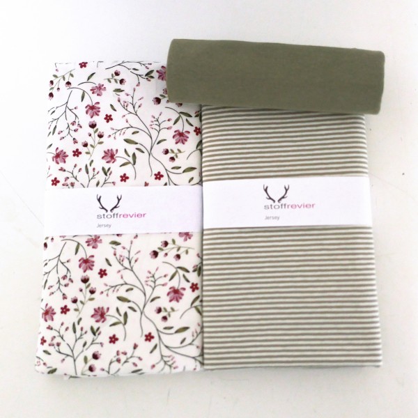 Jersey Stoffpaket, Blumenranken, Ranken, Ringel, 50cm Bündchen Moos