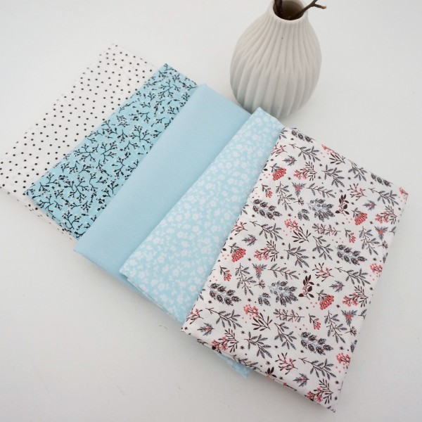 Stoffpaket, Fat Quarter, Baumwolle, Popeline, Streublumen Weiß, Zweige, Uni und Punkte