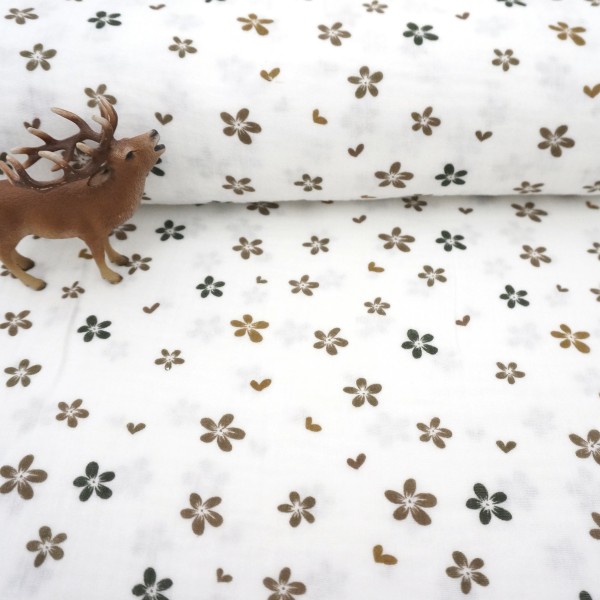 Musselin, Double Gauze, Streublumen, Taupe, Meterware