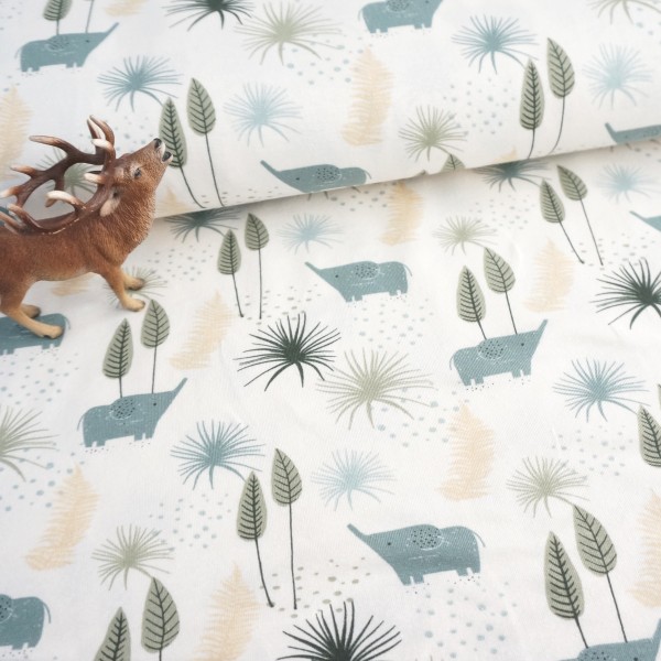 Jersey Elefanten, Bäume, Off-White, Meterware