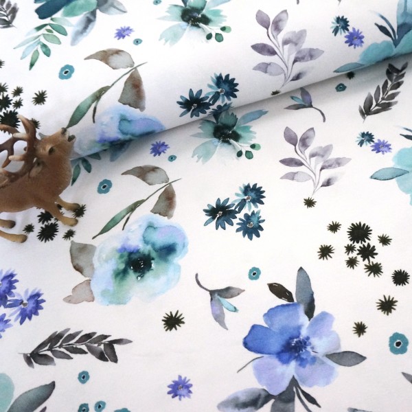 Jersey, Gypsy Flower, Weiß/Blau, Digitaldruck, Meterware
