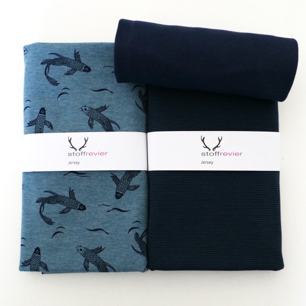 Stoffpaket Jersey Kois, Fische, feine Ringel, Dunkelblau, 50 cm Bündchen