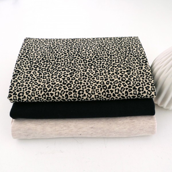 Jersey Stoffpaket, Leopard Creme/Schwarz, Uni Creme meliert, 50cm Bündchen
