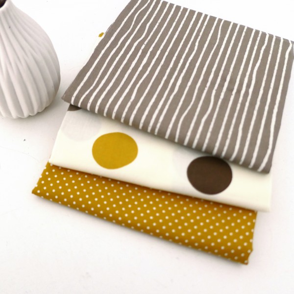 Stoffpaket Baumwolle, 3 Stoffe, Birch, swafing, Taupe, Senf, Kleckse, Linien, Punkte