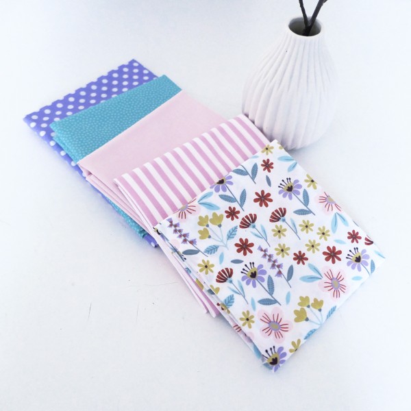 Stoffpaket Baumwolle, 5 x Fat Quarter, Blumen, Streifen, Punkte, Uni, Patchwork