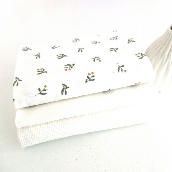 Stoffpaket Jersey, All-White, kleine Zweige Off-White, Waffeljersey und Bündchen
