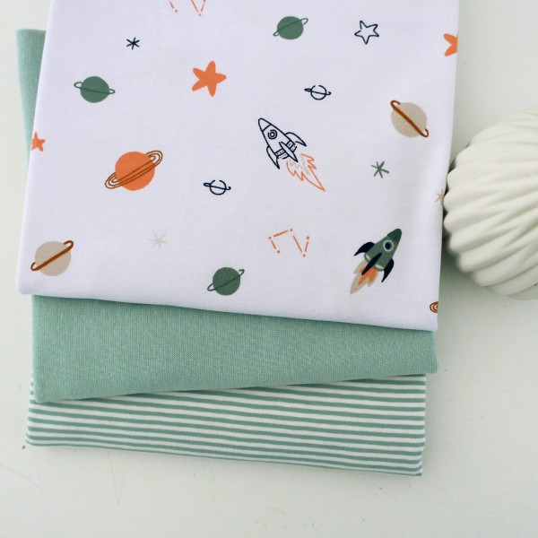 Stoffpaket Jersey 'Space' Weiß, Ringel Mint, 50cm Bündchen