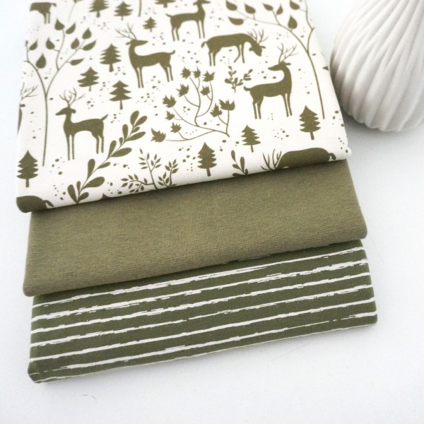 Stoffpaket Jersey, 'Miniwinter', Rotwild, Linien Moos, Bündchen
