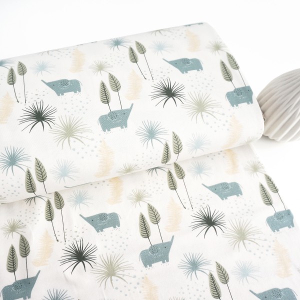 Jersey Elefanten, Bäume, Off-White, Meterware
