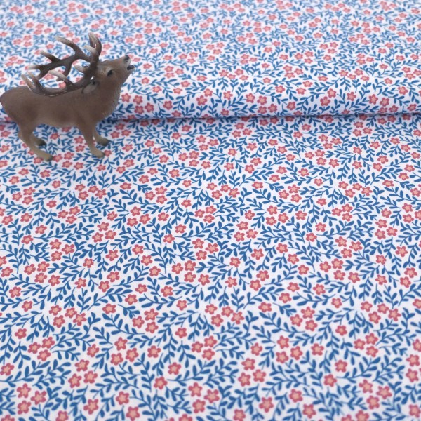 Baumwollstoff 'Kim' Streublumen, Zweige, Blau, Koralle, Meterware swafing