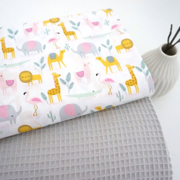 Stoffpaket, Baumwolle, Waffelpiqué Hellgrau, Desert Animals, Pastell