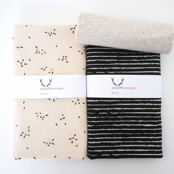 Stoffpaket Jersey, Glitter Stripes, Vanille, Linien Schwarz, Bündchen