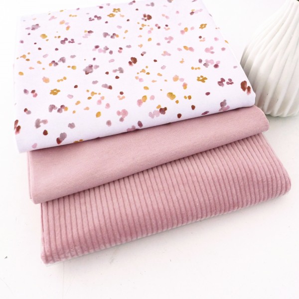Stoffpaket Jersey Kleckse Water Colour, Cord Uni Altrosa, Bündchen