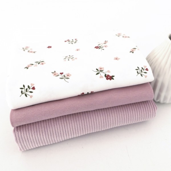 Stoffpaket Jersey Streublumen Off-White, Cord Uni Altrosa, Bündchen