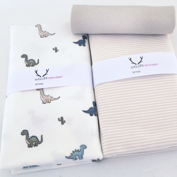 Stoffpaket Jersey, Dinosaurier Off-White, Ringel Creme, 50cm Bündchen