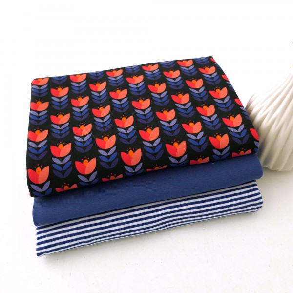 Stoffpaket Jersey, Retro Tulpe, Schwarz, Ringel Royalblau, 50 cm Bündchen