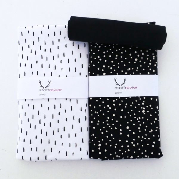 Jersey Stoffpaket, Black&White, Striche Weiß, Kleckse Schwarz, 50cm Bündchen
