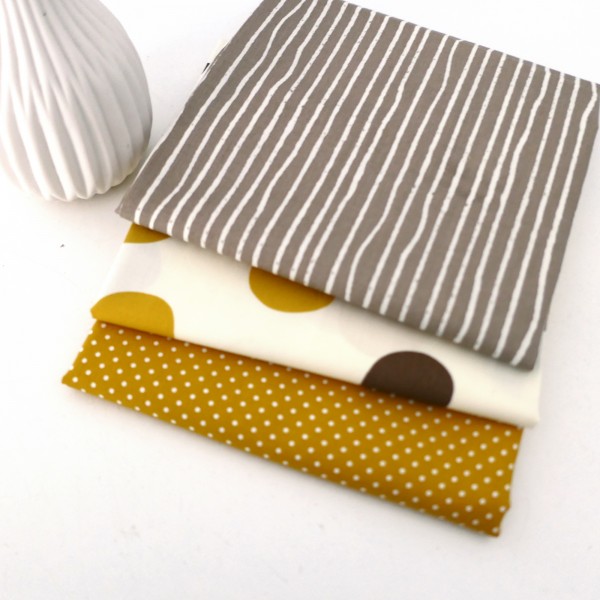 Stoffpaket Baumwolle, 3 Stoffe, Birch, swafing, Taupe, Senf, Kleckse, Linien, Punkte