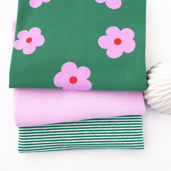 Jersey Stoffpaket, Prilblumen, Blüten, Rosa/Grün, Ringel, Grün, 50cm Bündchen