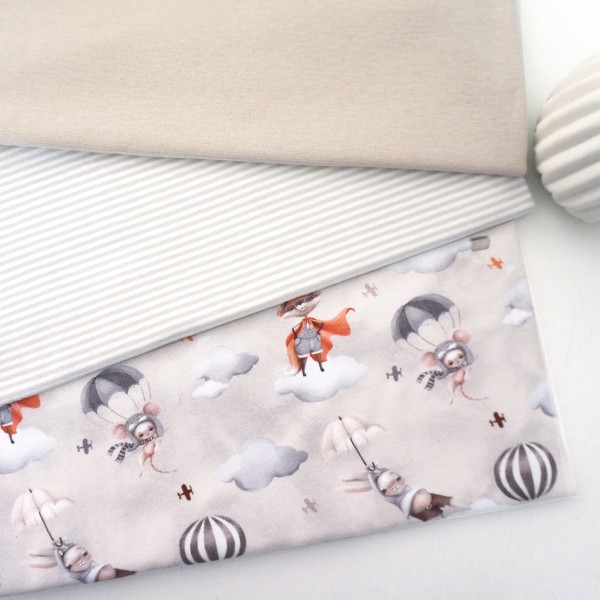 Stoffpaket Jersey Let's Fly, Warmgrau, Ringel, 25 cm Bündchen