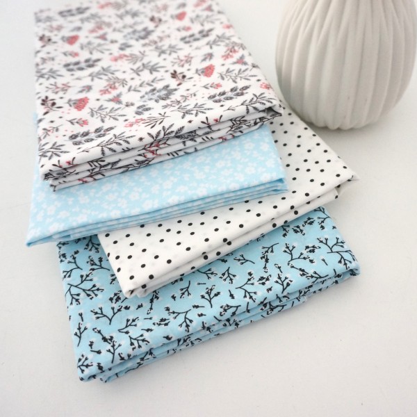 Stoffpaket, Baumwolle, Popeline, Streublumen, Hellblau, Weiß