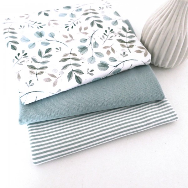 Jersey Stoffpaket, Zweige, Blätter, Mint, Ringel, Mint, Bündchen