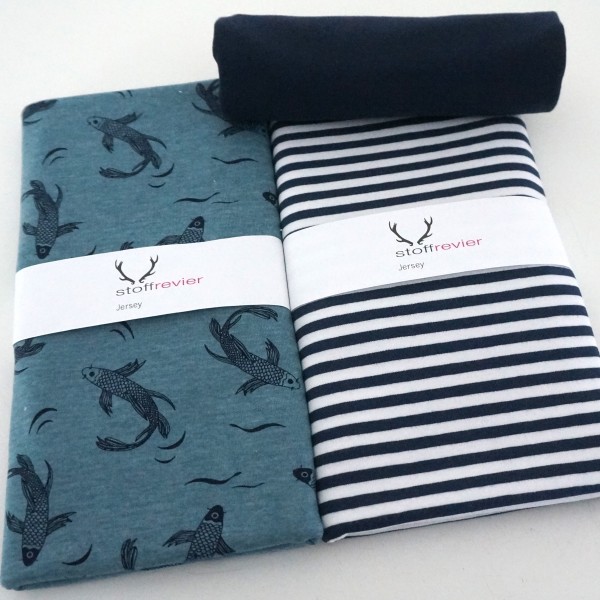 Stoffpaket Jersey Kois, Fische, Streifen, Dunkelblau, Bündchen