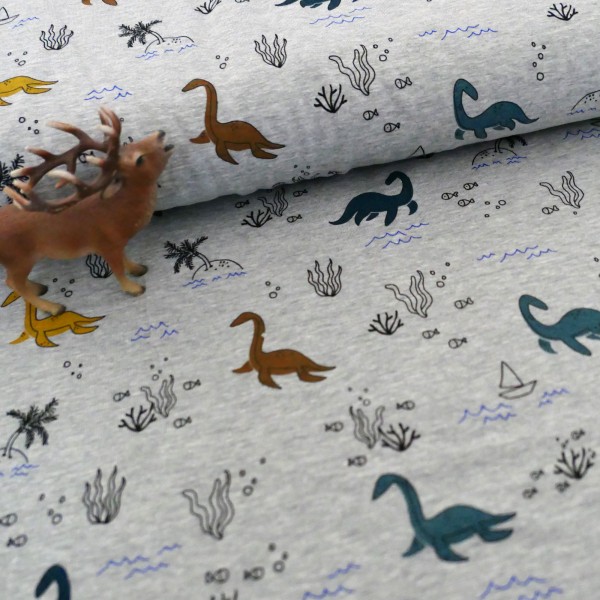 Jersey 'Dinosaurier', Hellgrau meliert, Bunt, Meterware