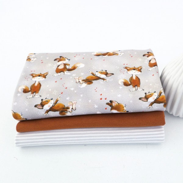 Stoffpaket Jersey 'freche Füchse' Grau, Ringel, 50cm Bündchen Ocker