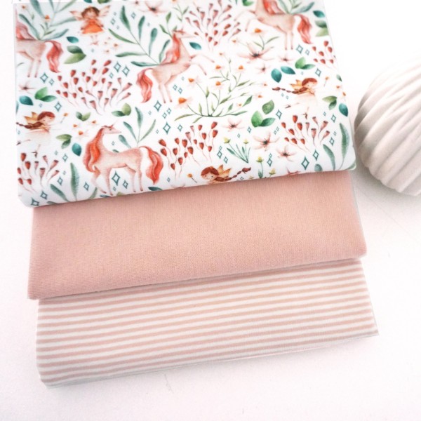 Stoffpaket Jersey, Einhörner und Elfen, Ringel Rosé, 50 cm Bündchen