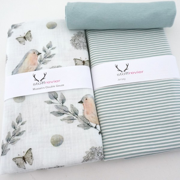 Stoffpaket Musselin Jersey, Rotkehlchen, Ringel Mint, Bündchen