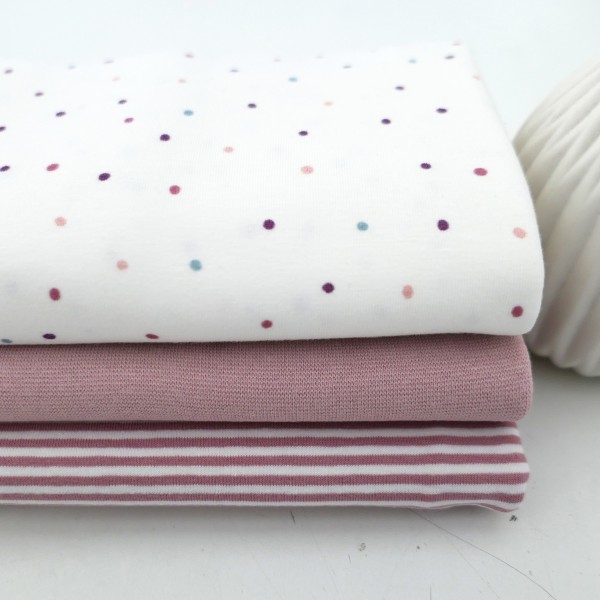 Stoffpaket Jersey, kleine Punkte, Altrosa, Ringel, 50 cm Bündchen Altrosa