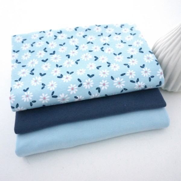 Stoffpaket Jersey, Streublumen, Uni Hellblau, Bündchen