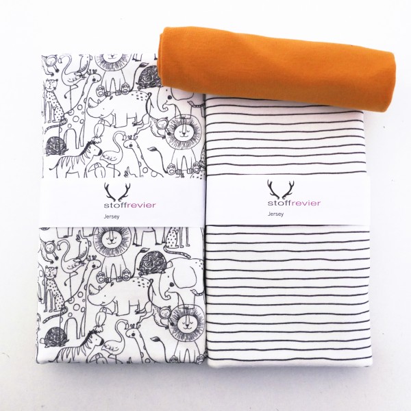 Stoffpaket Jersey, Im Zoo, Linien Off-White, 25 cm Bündchen Orange